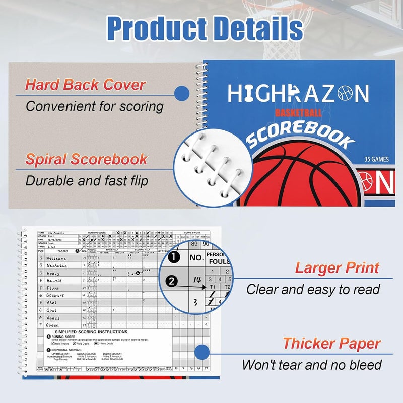 HIGHRAZON Basketball Scorebook 2025, 35 Games for Scorekeepers, 8.5" x 11" Score Keeping Book for Stats, Basketball Score Book for Adult, Youth, High School, Middle School, Little League - Image 4